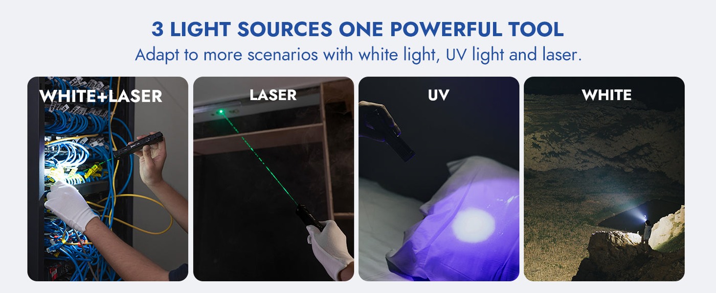 Wuben X5 v štyroch scénach – biele svetlo s laserom pri racku, laser, UV na vankúši a biele svetlo v krajine