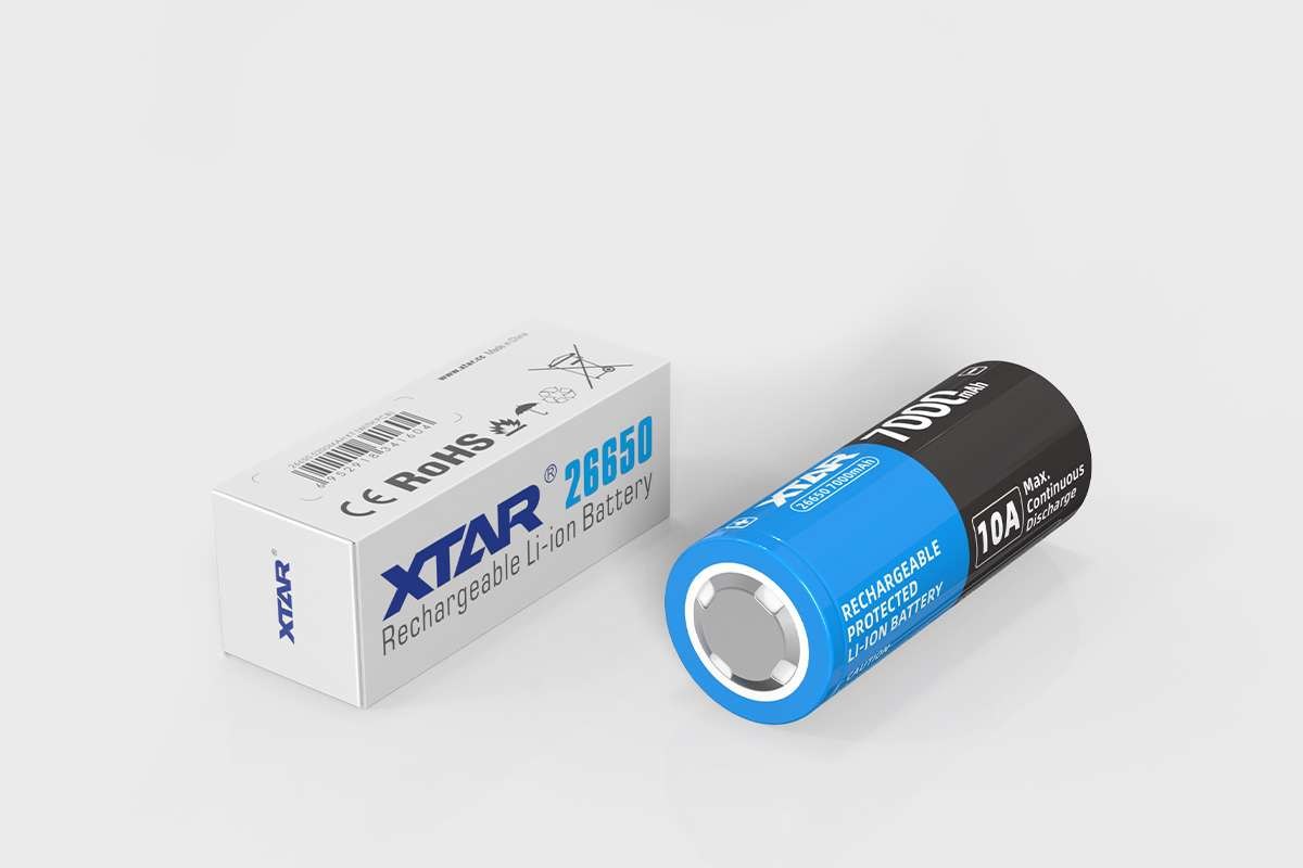 XTAR 26650 7000 mAh – originálna krabička XTAR a chránený Li-ion článok s vyvýšeným pólom button top