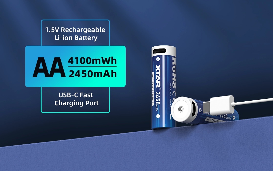 XTAR AA 4100 USB-C nabíjateľná batéria 1,5 V — 2450 mAh a nabíjací USB-C port priamo v tele článku