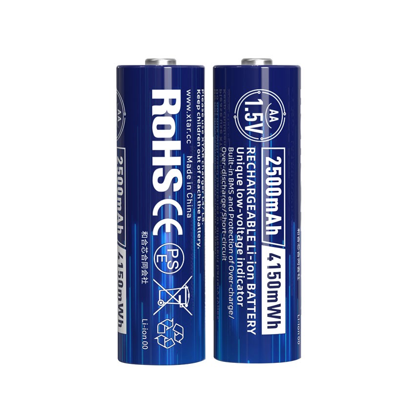 XTAR AA 1,5V 4150mWh (2500mAh) – detail štítku batérie s údajmi 2500 mAh, 4150 mWh a označením RoHS, CE a PSE