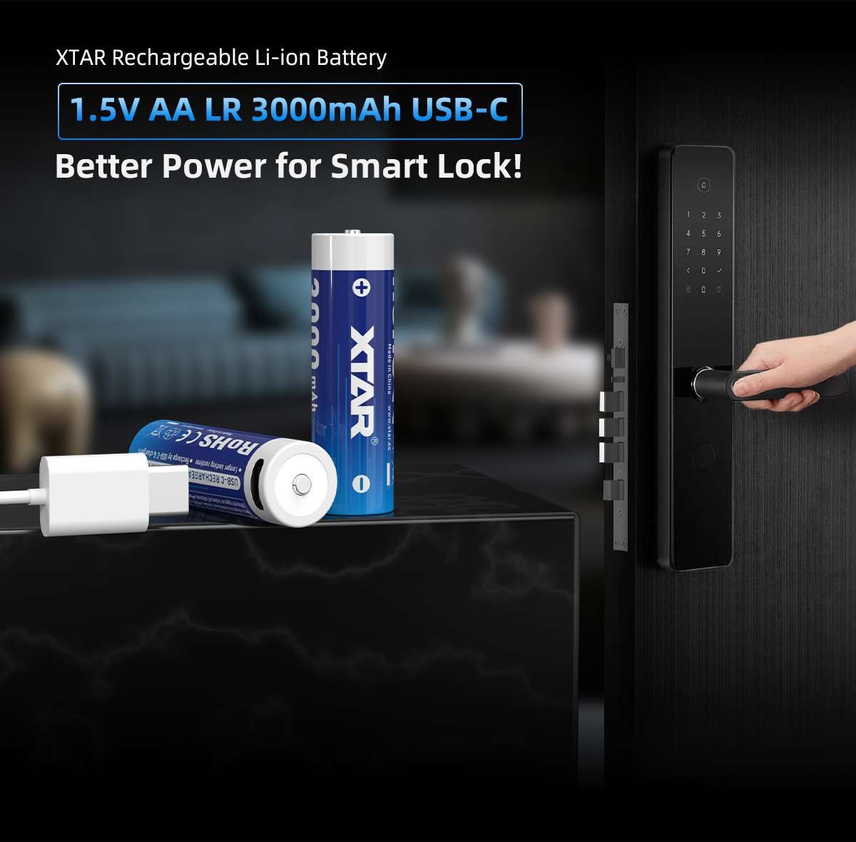 XTAR AA LR 3000 USB-C nabíjateľná batéria 1,5 V pri smart zámku — nabíjanie káblom priamo do článku