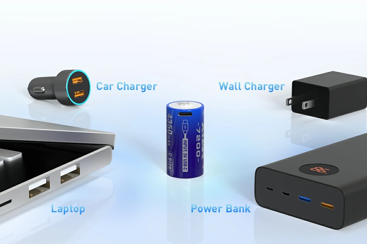 XTAR C 1.5V CLR 7200 USB-C – nabíjanie z auta, zo siete, z notebooku alebo z powerbanky priamo cez USB-C