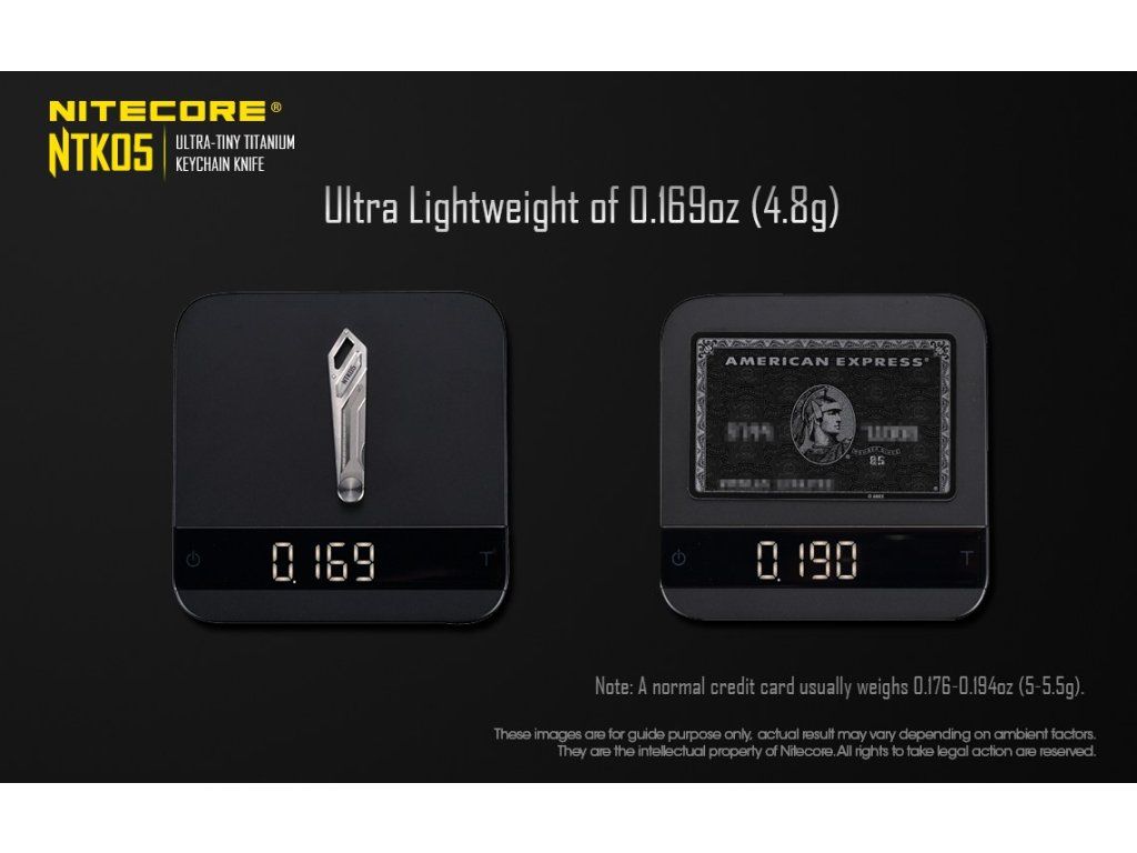 Nitecore NTK05 na váhe – 4,8 g, menej než kreditná karta s hmotnosťou 5 až 5,5 gramu
