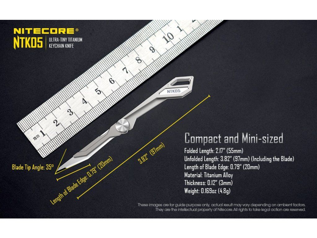 Nitecore NTK05 pri pravítku – 55 mm zložený, 97 mm rozložený, dĺžka ostria 20 mm