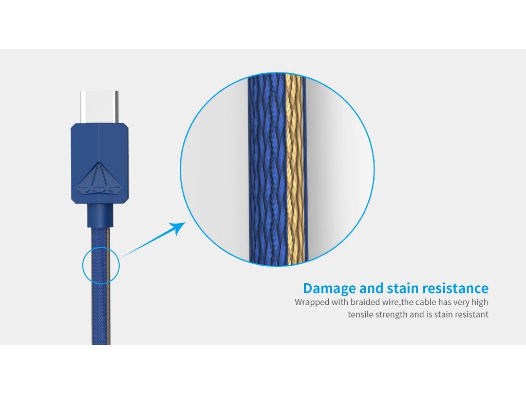 XTAR PDC-3 opletený kábel s koncovkou USB-C a detailom textilného opletenia odolného v ťahu