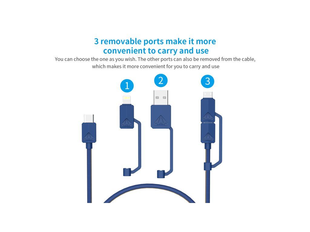 XTAR PDC-3 modrý nabíjací kábel USB-C s odnímateľnými koncovkami Lightning, USB-A a Micro USB