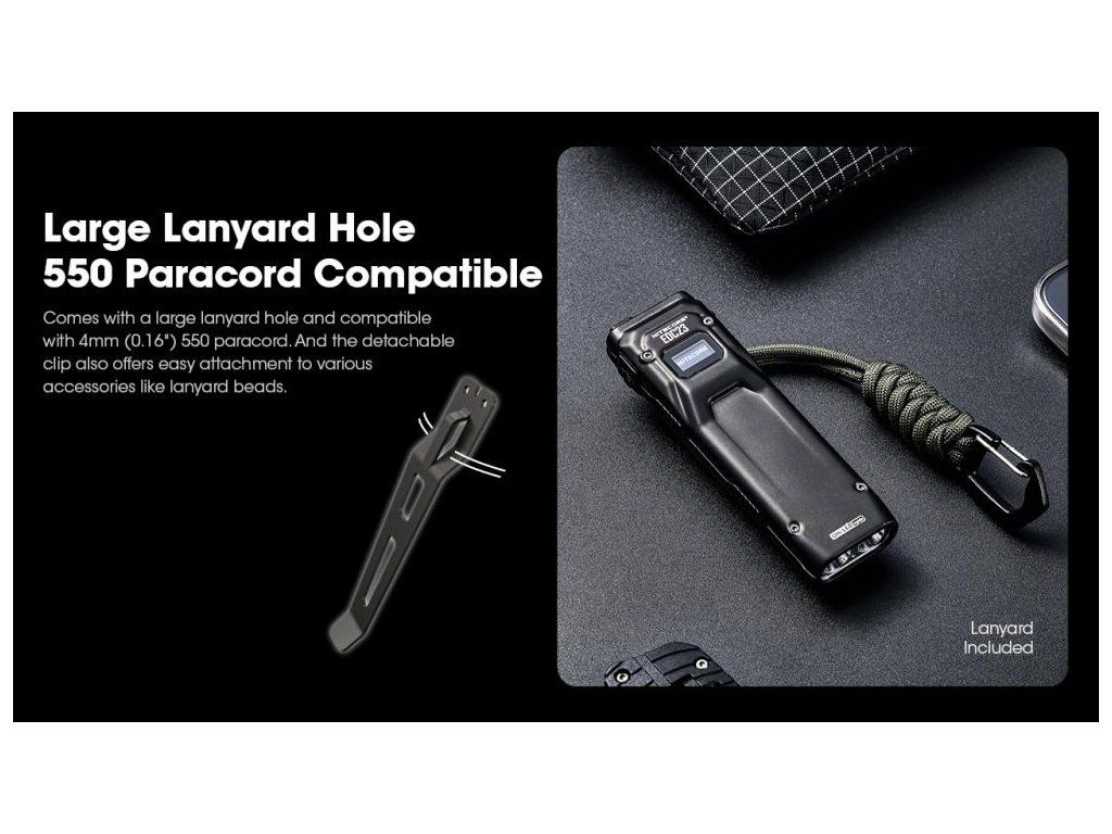 Nitecore EDC23 SABER OLED displej — jas, lúmeny, napätie batérie a zostávajúci čas svietenia v reálnom čase