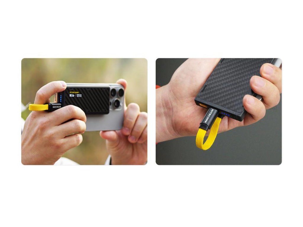 Nitecore NLink10 nabíjanie telefónu USB-C káblom v rukách, kompatibilita s mobilnými zariadeniami