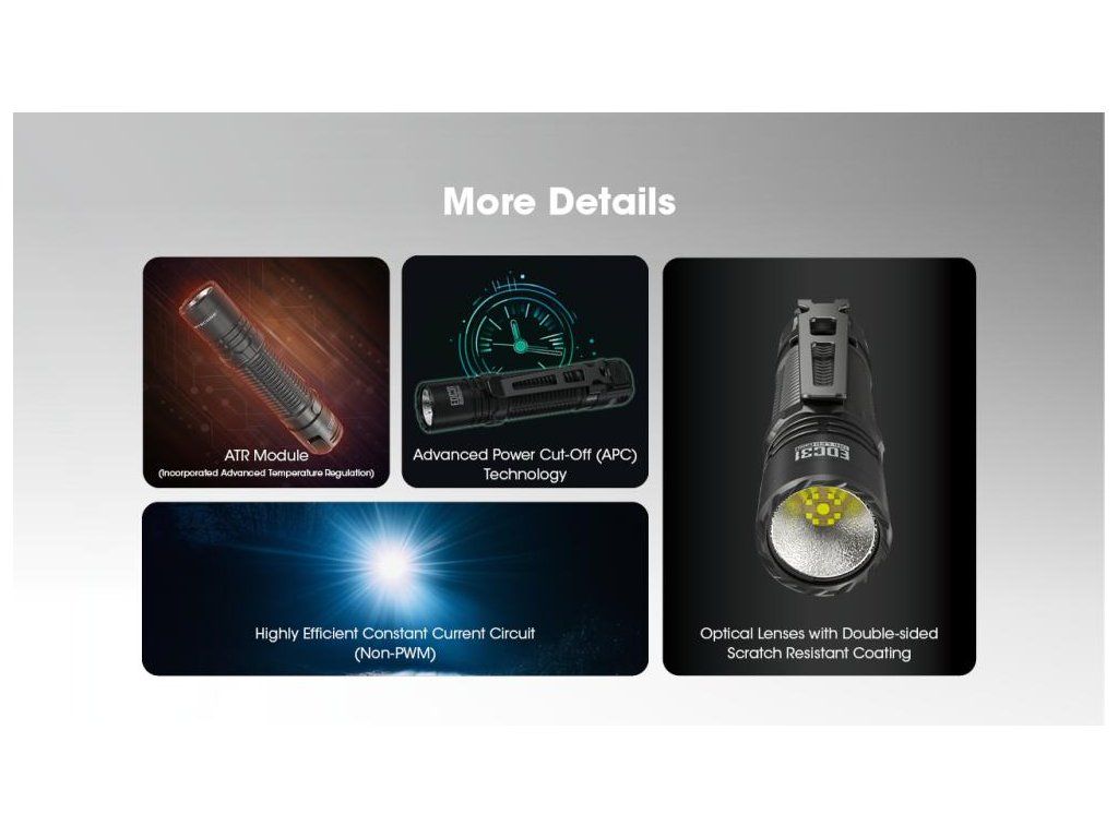 Nitecore EDC31 detaily — ATR modul, APC technológia, non-PWM obvod a šošovka s obojstranným tvrdeným povlakom
