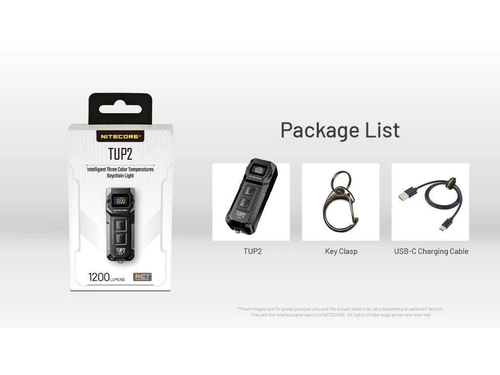 Nitecore TUP2 obsah balenia — svietidlo, kovová karabínka na kľúče a USB-C nabíjací kábel