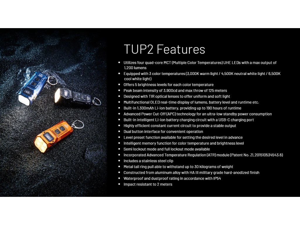 Nitecore TUP2 — kompletný zoznam vlastností od výrobcu vrátane MCT UHE LED, APC a ATR