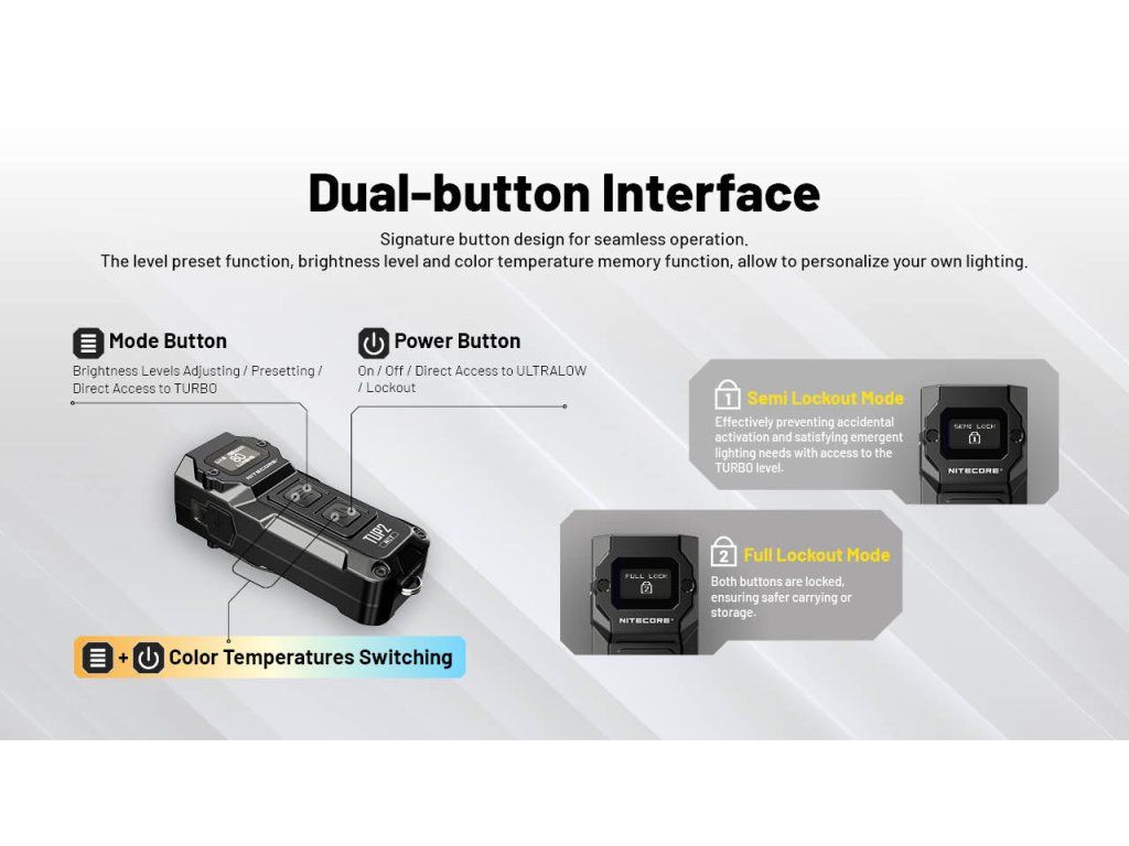 Nitecore TUP2 — dvojtlačidlové ovládanie Mode a Power, polovičný a plný zámok proti náhodnému zapnutiu
