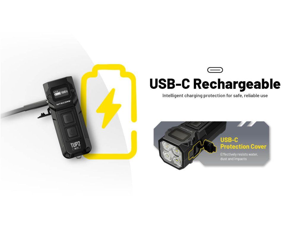 Nitecore TUP2 — nabíjanie cez USB-C s inteligentnou ochranou a krytom portu proti vode a prachu