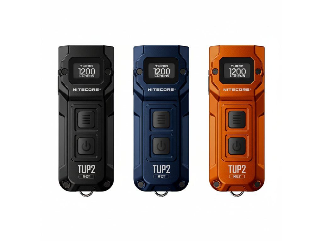 Nitecore TUP2 vo všetkých troch farbách — Classic Black, Alloy Orange a Cobalt Blue vedľa seba