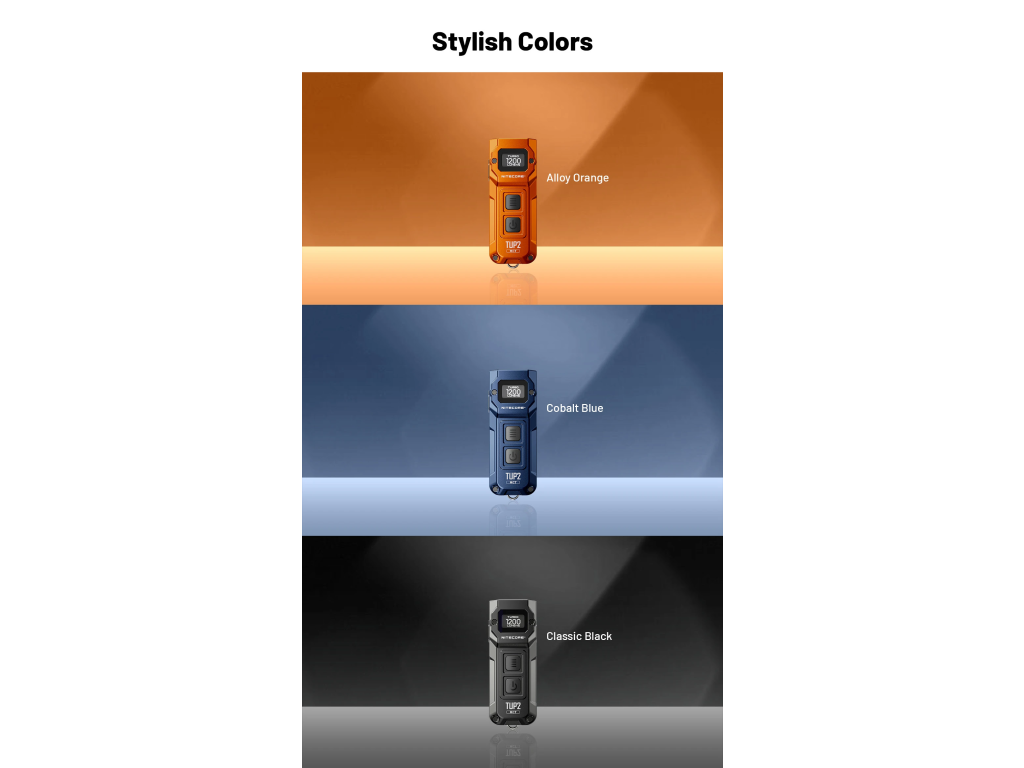 Nitecore TUP2 — farebné prevedenia Alloy Orange, Cobalt Blue a Classic Black od výrobcu