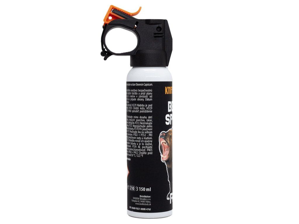 KNIFESTOCK Bear spray FOG 150 ml z boku – revúci medveď na etikete a údaj o objeme 150 ml na plechovke