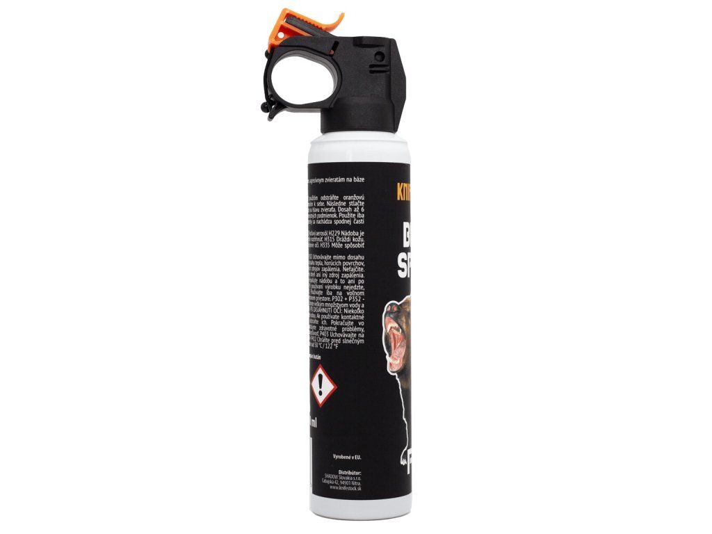 KNIFESTOCK Bear spray FOG 250 ml z boku – revúci medveď a slovenský text etikety na plechovke spreja
