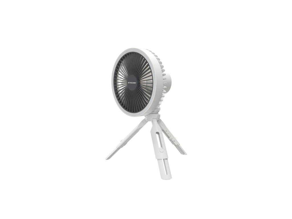 Nitecore NEF10 v bielom prevedení — stolný ventilátor 3v1 s kruhovým LED svetlom a powerbankou na guľovom statíve