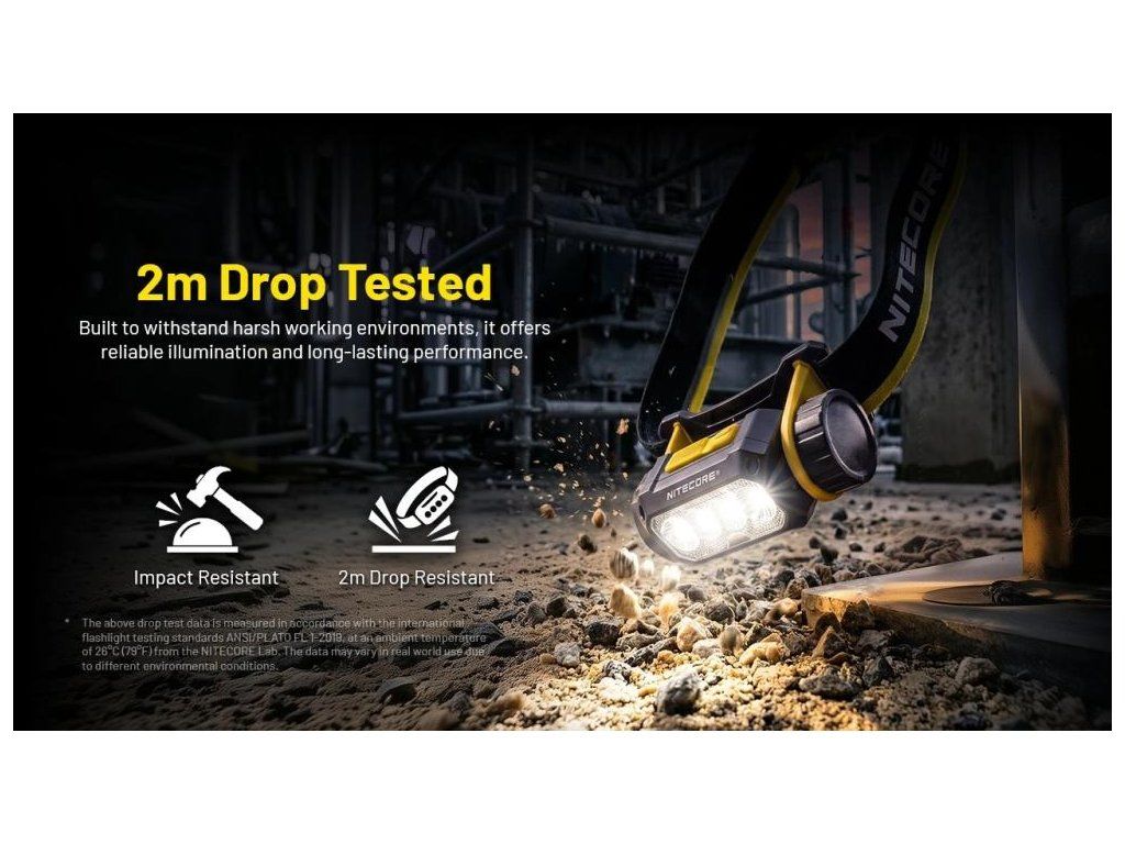 NITECORE NWH20 rozsvietená pri dopade na štrk staveniska – odolnosť proti pádu z 2 m podľa ANSI/PLATO FL 1-2019