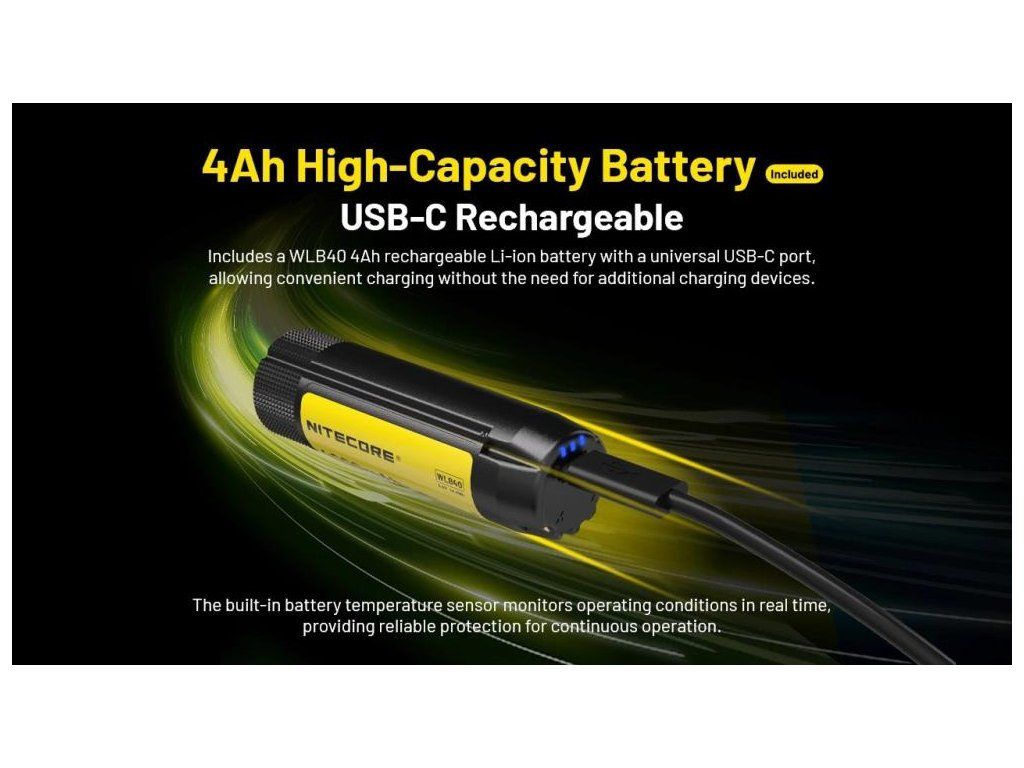 NITECORE NWH20 akumulátor WLB40 4 000 mAh s pripojeným káblom USB-C a tromi modrými LED indikácie nabíjania