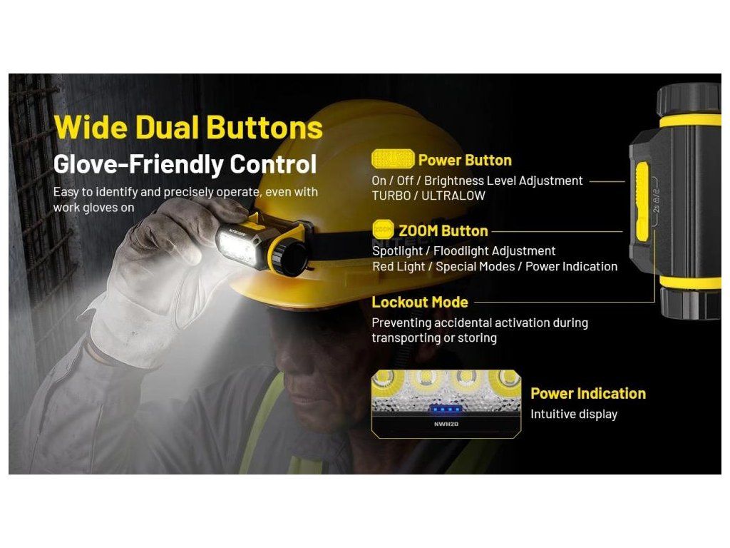 NITECORE NWH20 ovládaná v koženej pracovnej rukavici – dve široké tlačidlá Power a ZOOM, zámok a indikátor nabitia