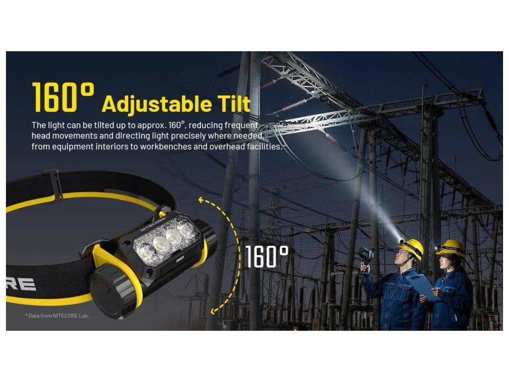 NITECORE NWH20 detail držiaka s náklonom približne 160° a technici svietiaci nahor na konštrukciu rozvodne