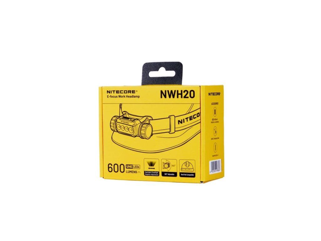 NITECORE NWH20 originálne balenie výrobcu – krabica pracovnej čelovky s akumulátorom WLB40 a klipmi na prilbu