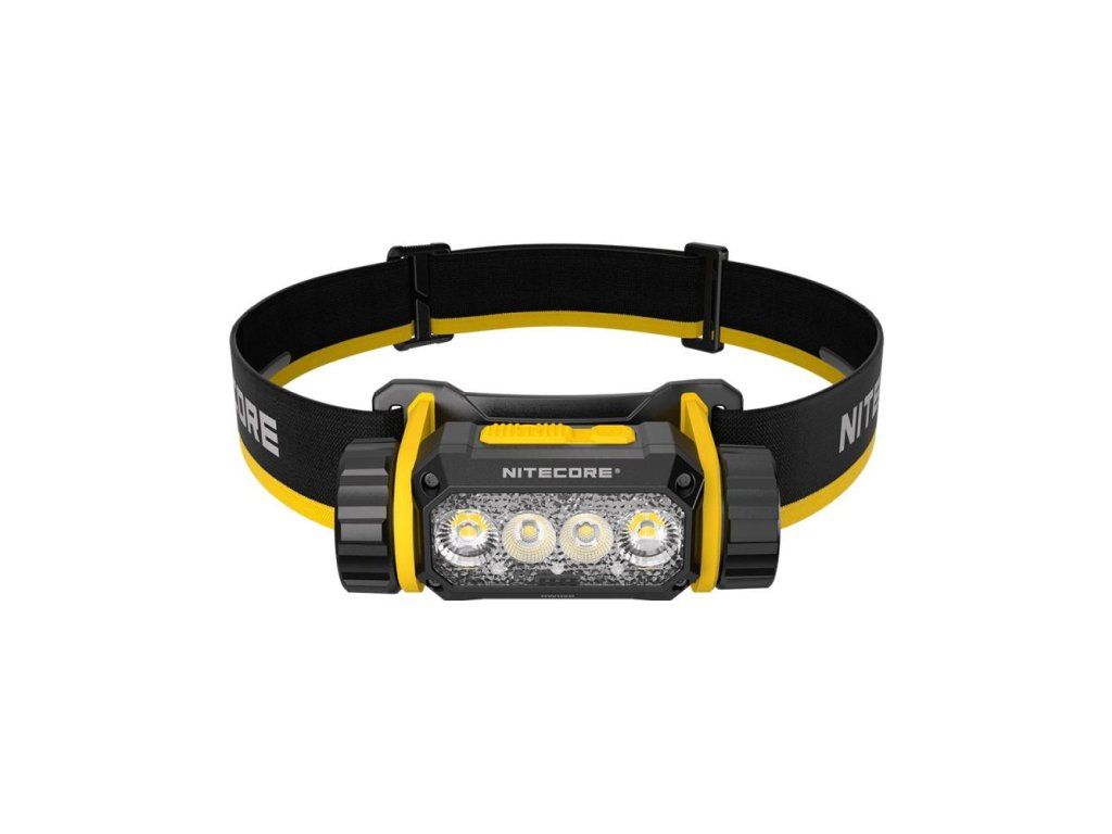 NITECORE NWH20 pracovná čelovka spredu – štyri optiky v rade, žlto-čierne telo a široký popruh s klipmi na prilbu