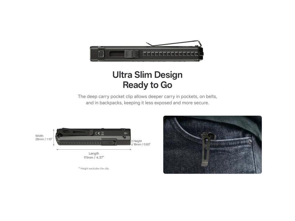NITECORE EDC15 rozmery 111 × 28 × 16 mm a nerezový klip na hlboké nosenie vo vrecku, na opasku či batohu