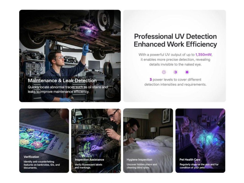NITECORE EDC15 UV detekcia: úniky oleja, bankovky a doklady, fluorescenčné značky, škvrny a srsť zvierat