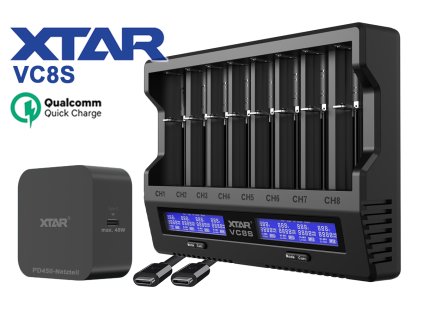 XTAR VC8S Profesionálna osemkanálová procesorová USB nabíjačka + napájcí zdroj XTAR USB PD45II SET USB C