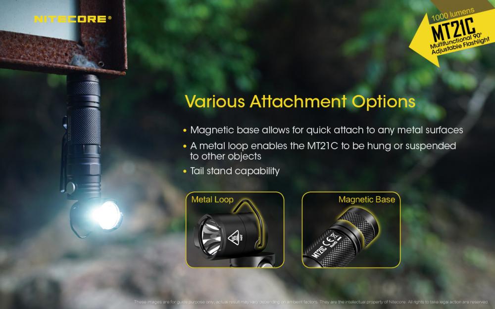 NITECORE MT21C magnetická základňa na chvoste a kovové očko – prichytíš na kov, zavesíš alebo postavíš
