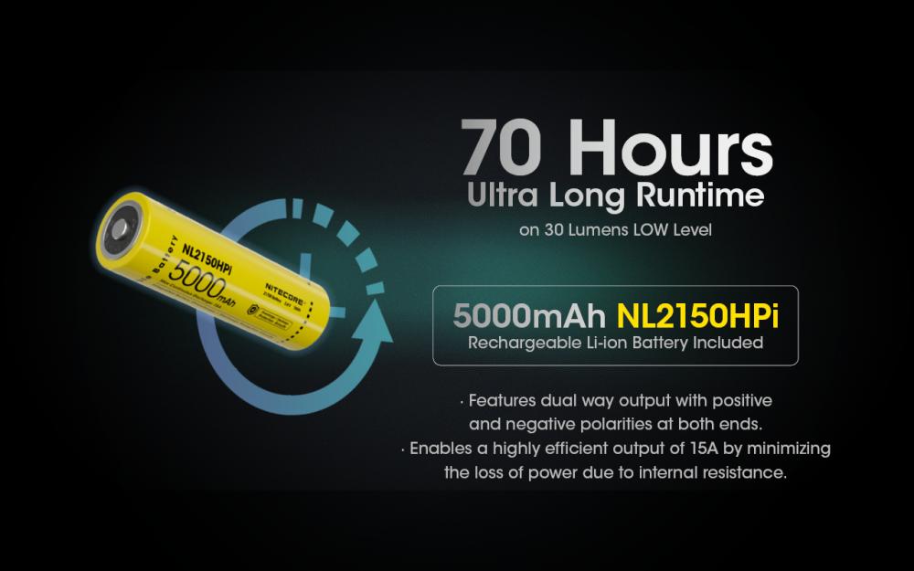 Akumulátor NITECORE NL2150HPi 21700i 5000 mAh v balení baterky SRT6i – až 70 h svietenia na stupni LOW 30 lm
