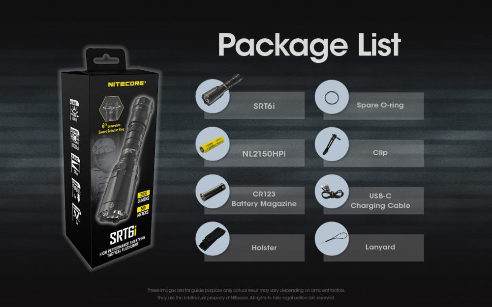 Balenie NITECORE SRT6i – akumulátor NL2150HPi, magazín na CR123A, puzdro, klip, šnúrka, O-krúžok a kábel USB-C