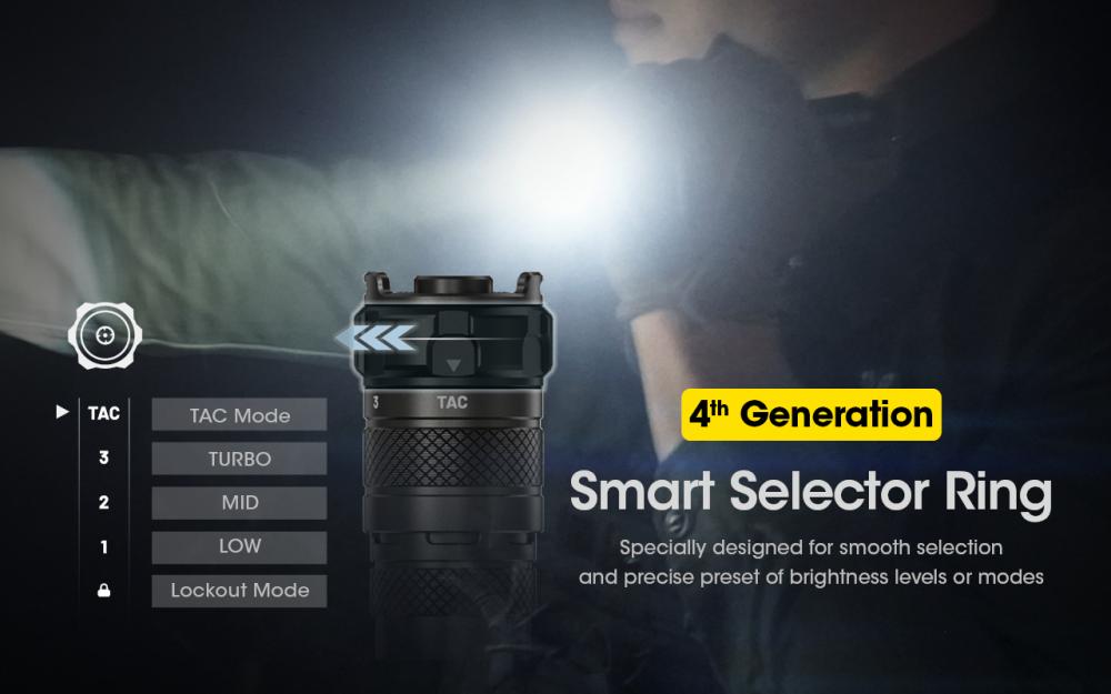 Prstenec Smart Selector Ring 4. generácie na NITECORE SRT6i – polohy TAC, TURBO, MID, LOW a zámok Lockout