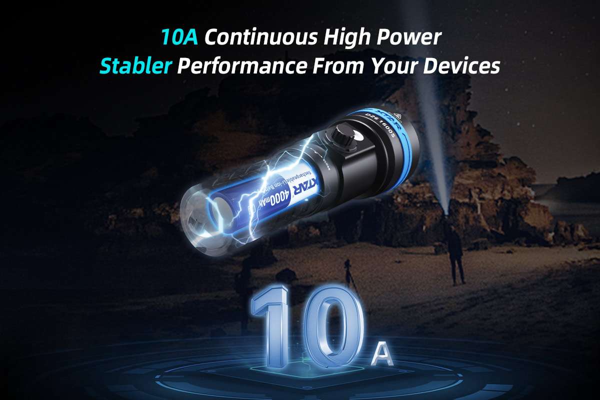 XTAR 18650 4000 mAh – prezentácia trvalého vybíjacieho prúdu 10 A pri použití nabíjateľného článku v ručnom svetle.