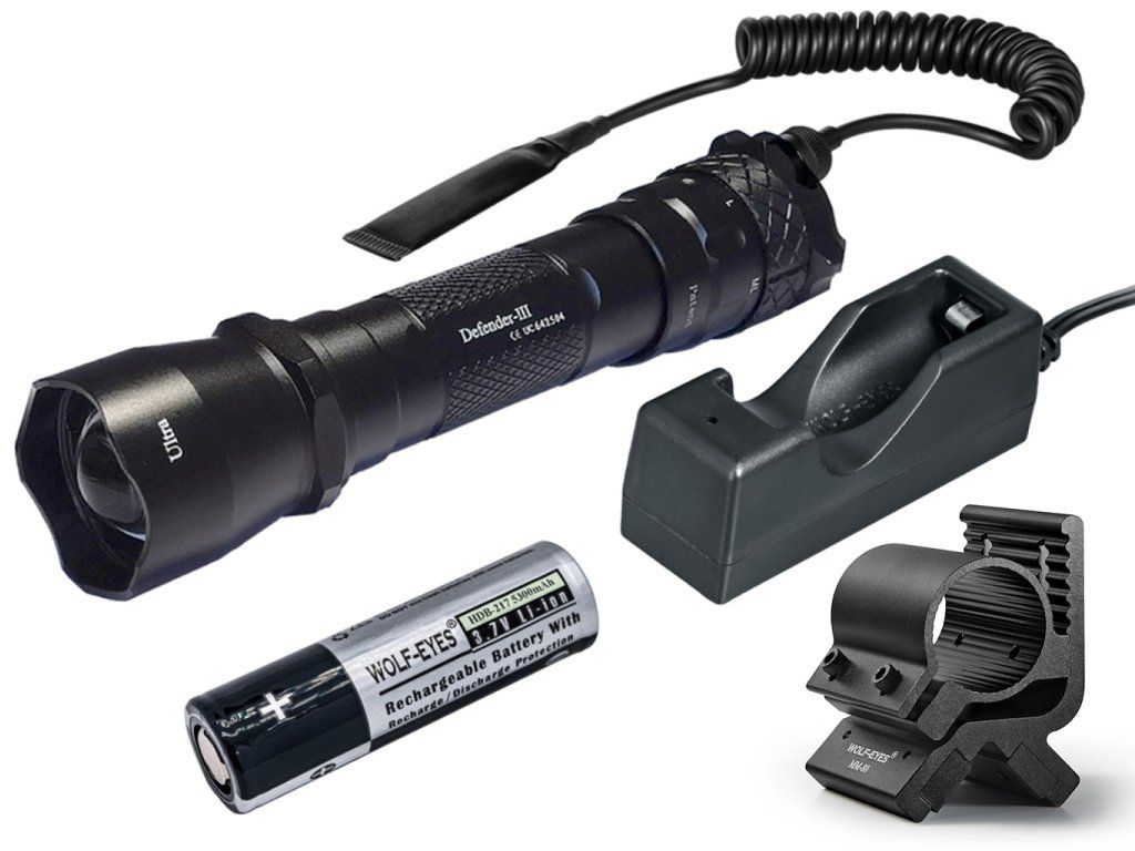 Wolf-Eyes Defender III Pro V.2026 6-režimový lovecký set – kompaktná baterka 2000 lm / 865 m, diaľková spúšť, akumulátor 18650, nabíjačka a montáž