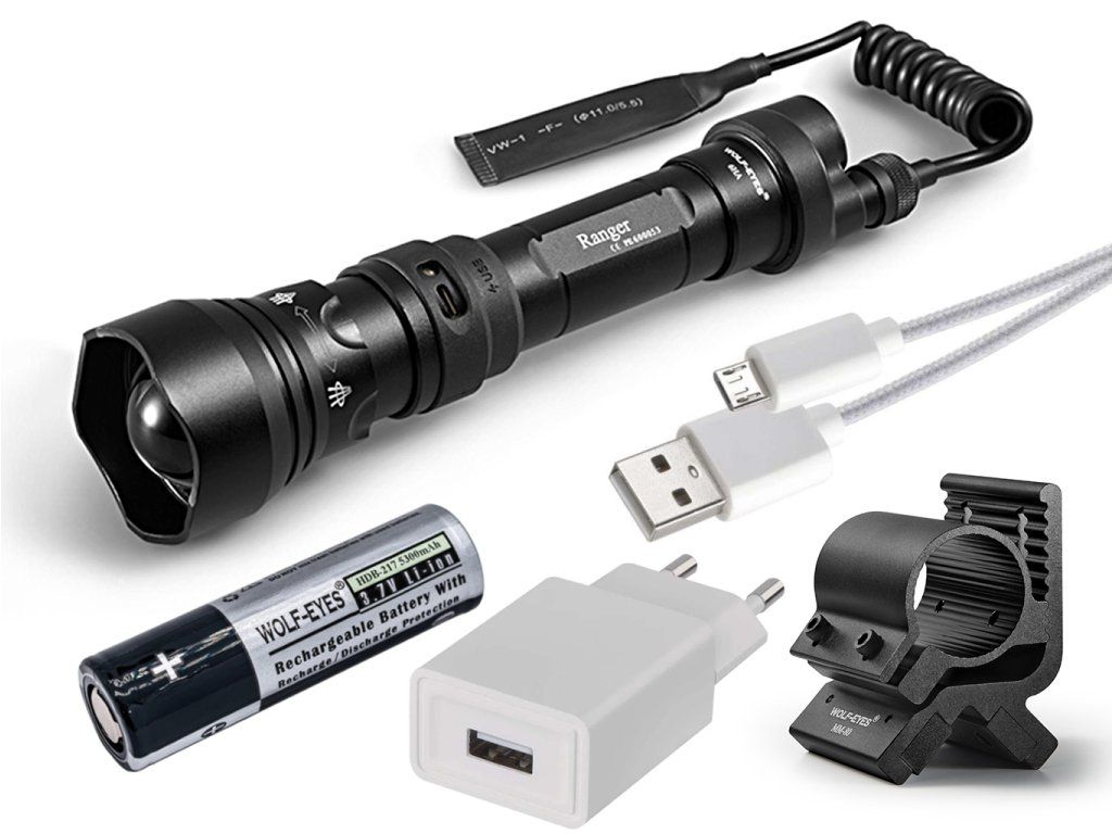 Wolf-Eyes Ranger Ultra HF V.2026 lovecký set – baterka 2000 lm, diaľková spúšť, akumulátor 18650, nabíjačka a magnetická montáž na zbraň