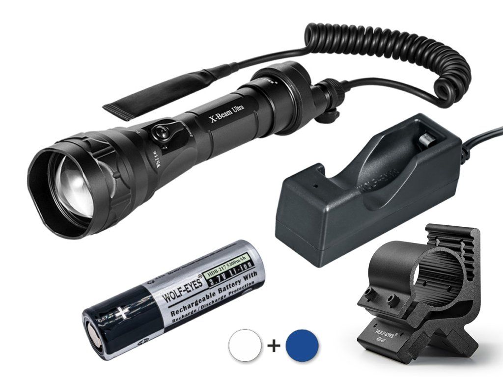 Wolf-Eyes X-Beam Gen2 V.2026 modrá 470 nm lovecký set – baterka, diaľková spúšť, akumulátor 18650, nabíjačka a magnetická montáž