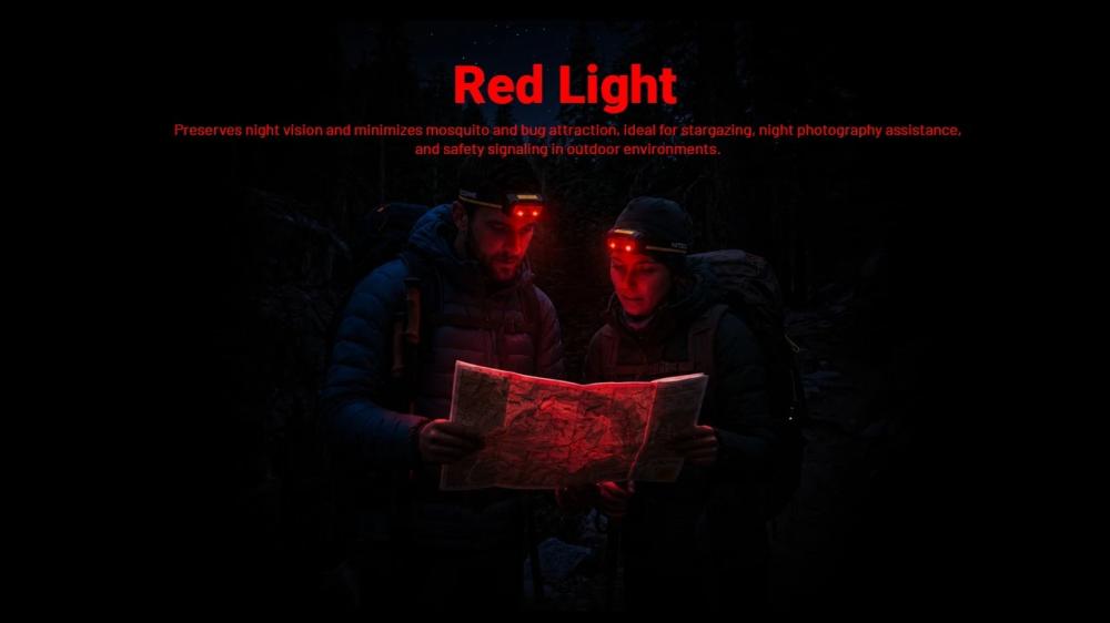 Červené svetlo čelovky NITECORE HA19 RGB pri čítaní mapy v noci v lese