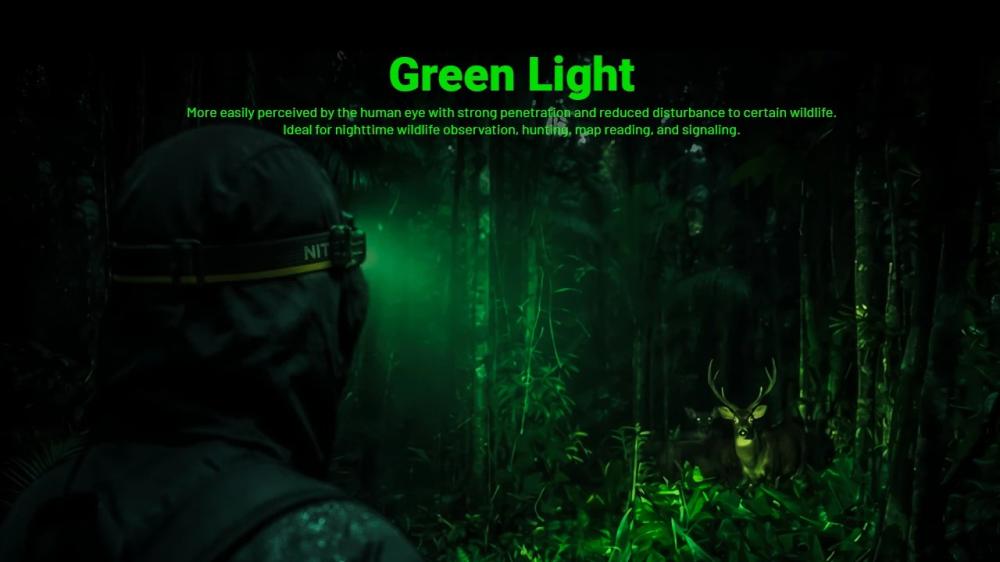 Zelené svetlo čelovky NITECORE HA19 RGB pri nočnom pozorovaní zveri v lese