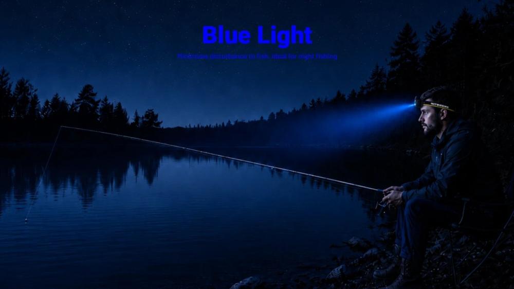 Modré svetlo čelovky NITECORE HA19 RGB pri nočnom rybárčení na jazere