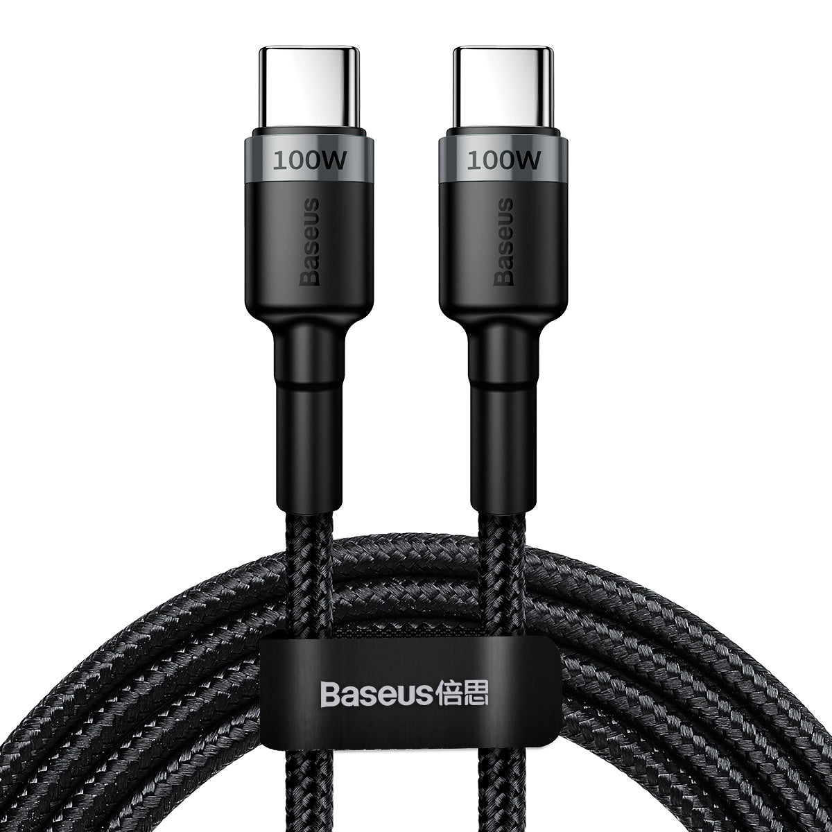Baseus Cafule CATKLF-ALG1 – sivý a čierny USB-C kábel s označením 100 W na konektoroch a pásikom