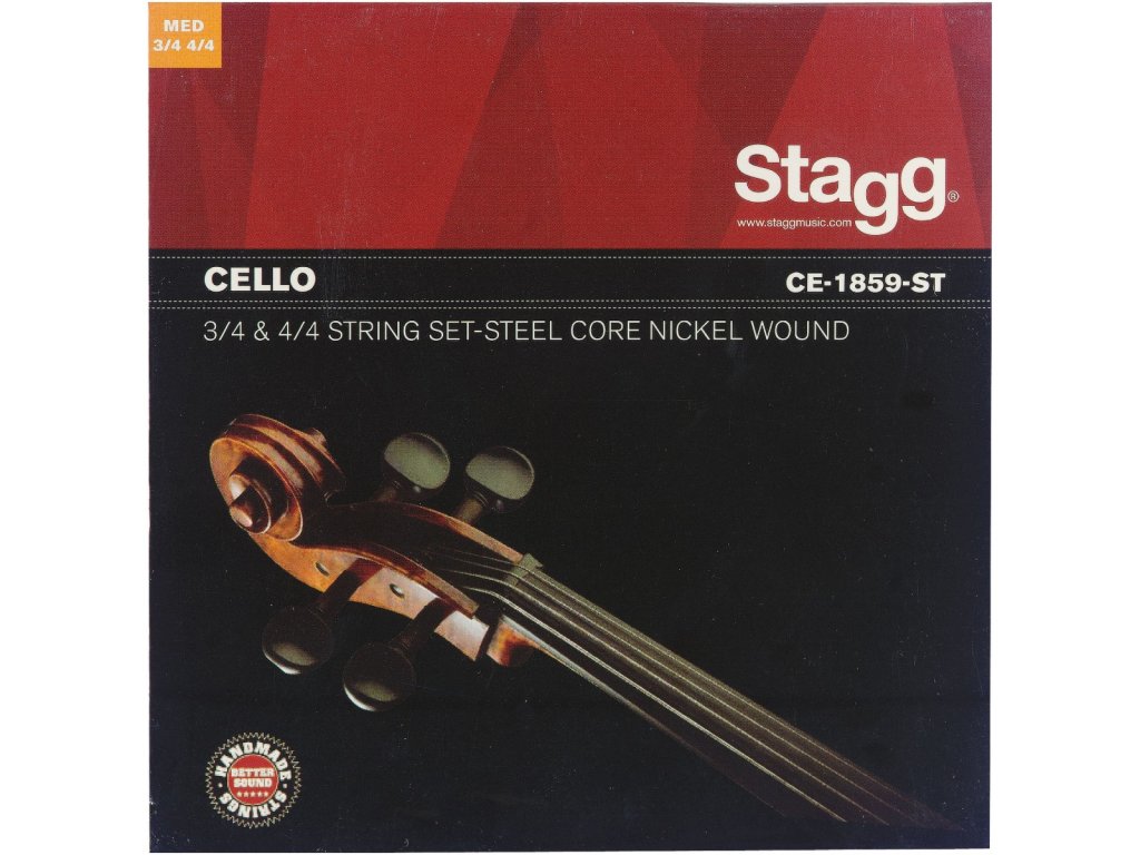 Struny pre Cello Stagg CE-1859-ST- sada  Sada strún na 4/4 a 3/4 violončelo, oceľové, vinuté, extra super-light (E = 018, B = 030, G = 0425, D = 059).