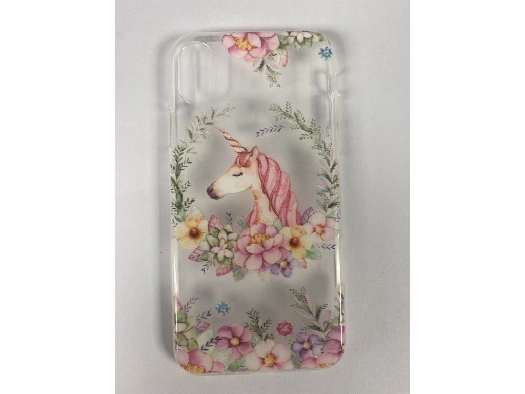 Husă din silicon pentru iPhone X/XS - Flori cu model de unicorn