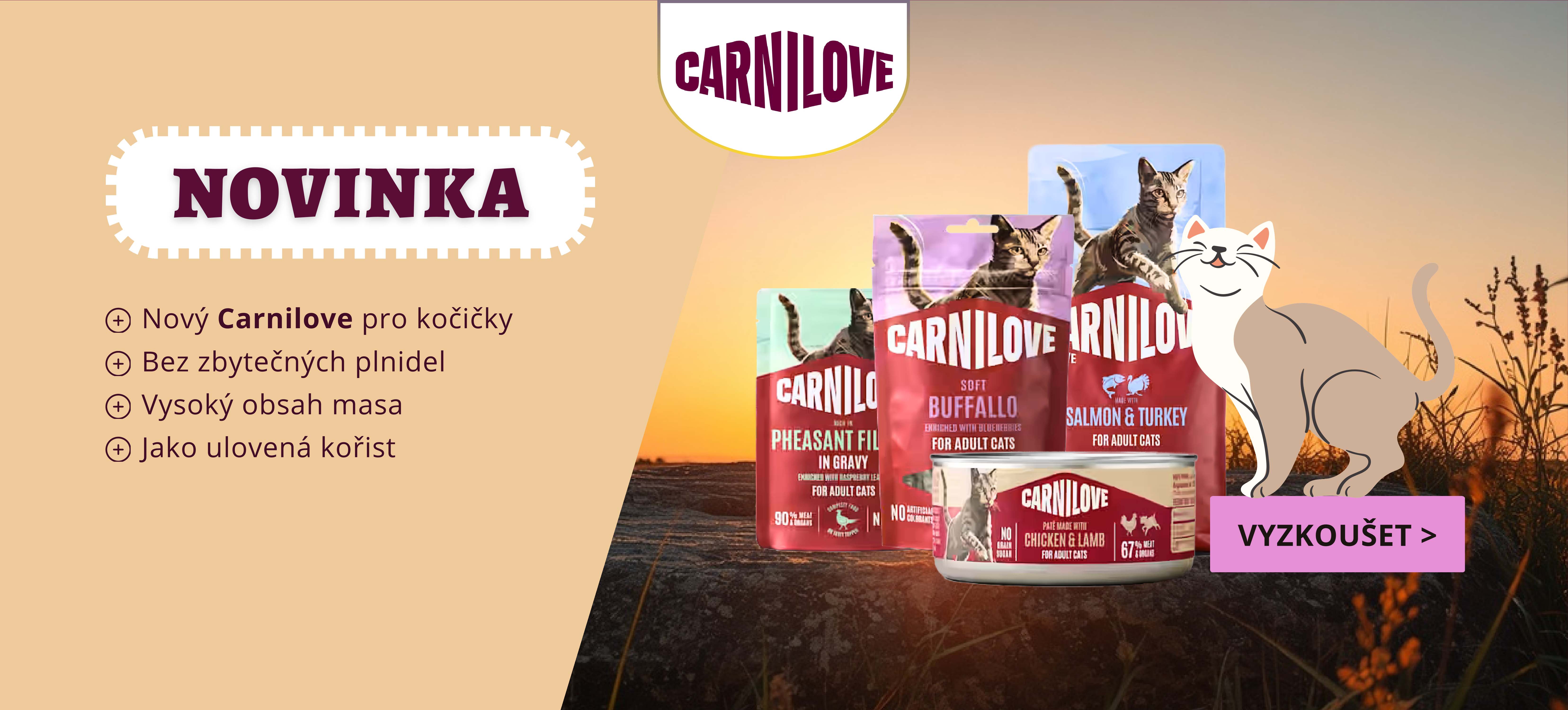 Carnilove nové receptury a obaly - granule, kapsičky, konzervy a pamlsky pro kočky