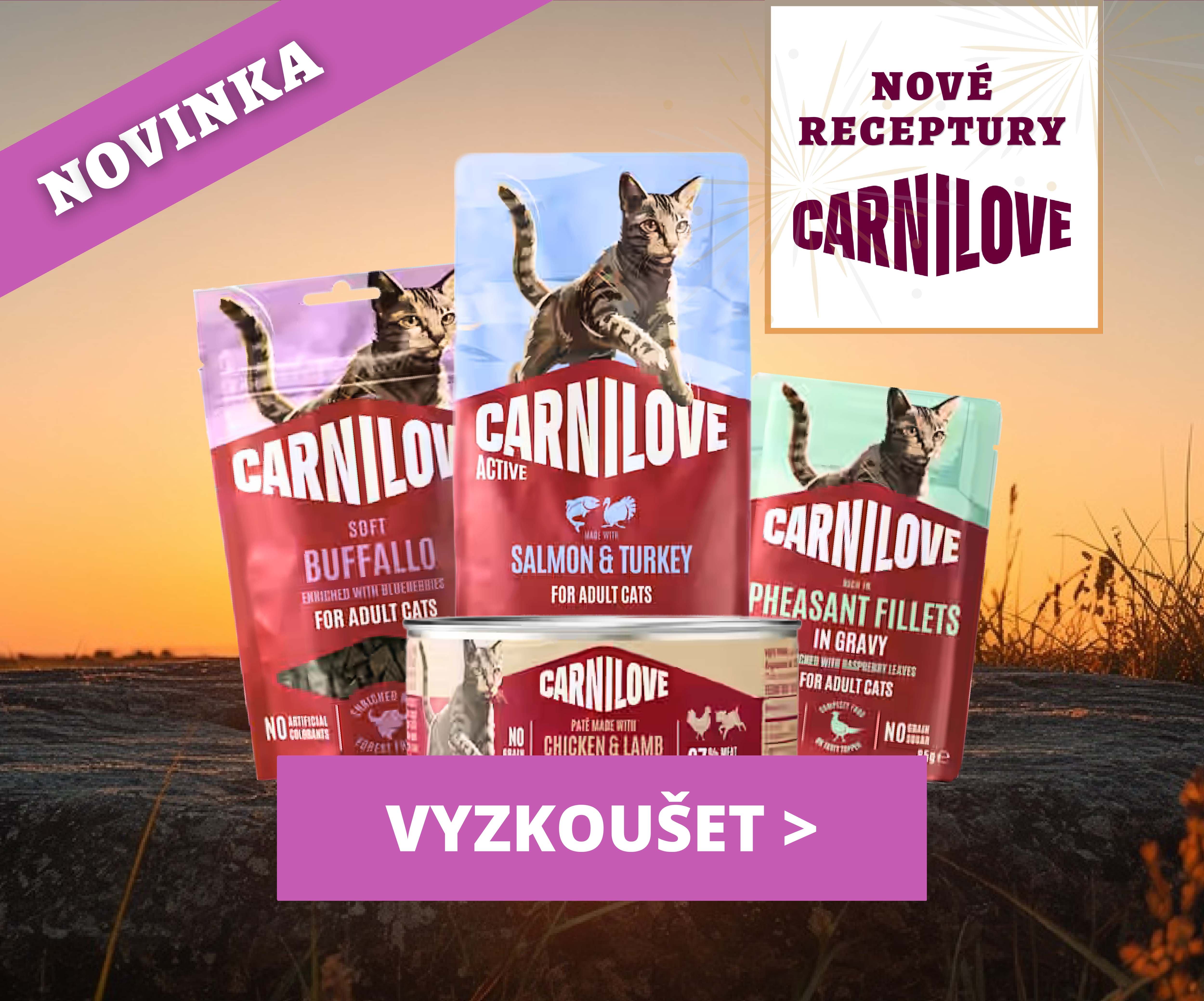 Carnilove nové receptury a obaly - granule, kapsičky, konzervy a pamlsky pro kočky