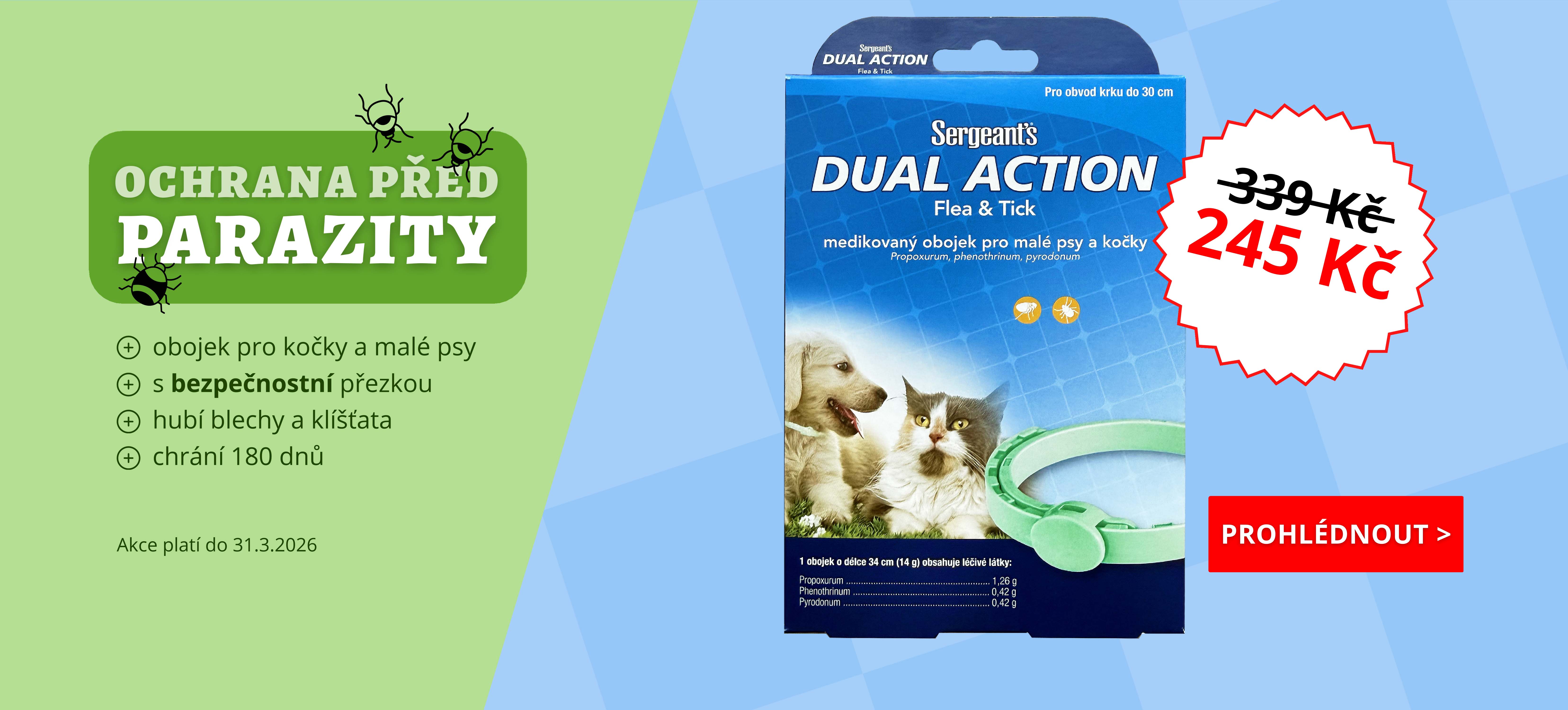 Antiparazitní obojek pro kočky a psy v akci - Dual Action na 6 měsíců