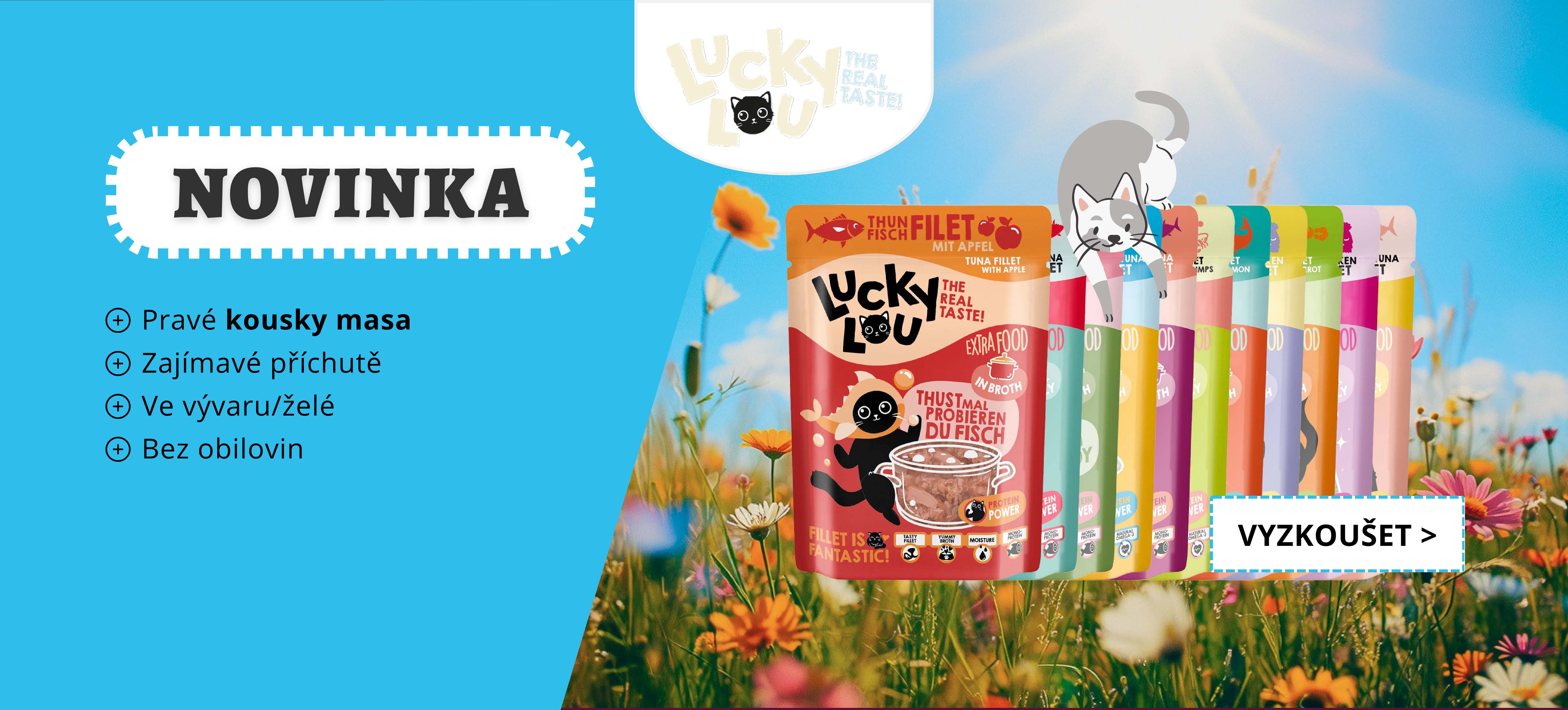 Nové kapsičky pro kočky s kousky masa ve vývaru nebo želé - Lucky Lou Extra Food