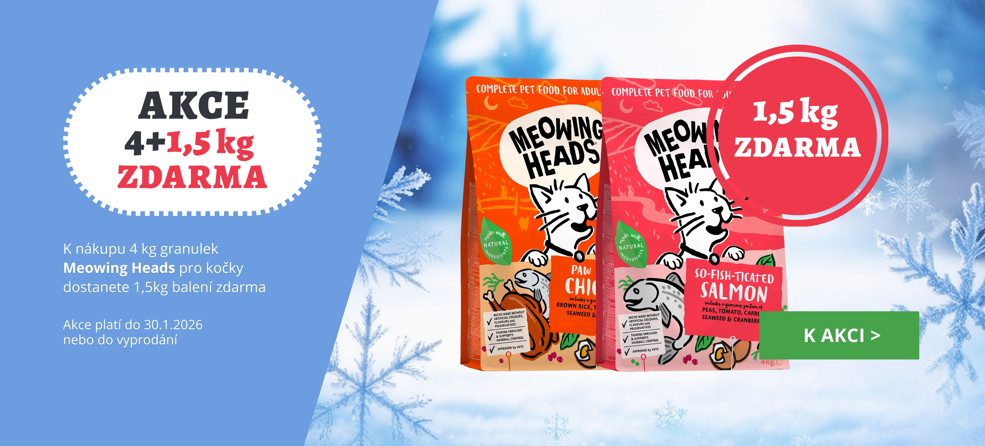 Granule pro kočky Meowing Heads v akci - dárek zdarma 1,5 kg k 4kg balení